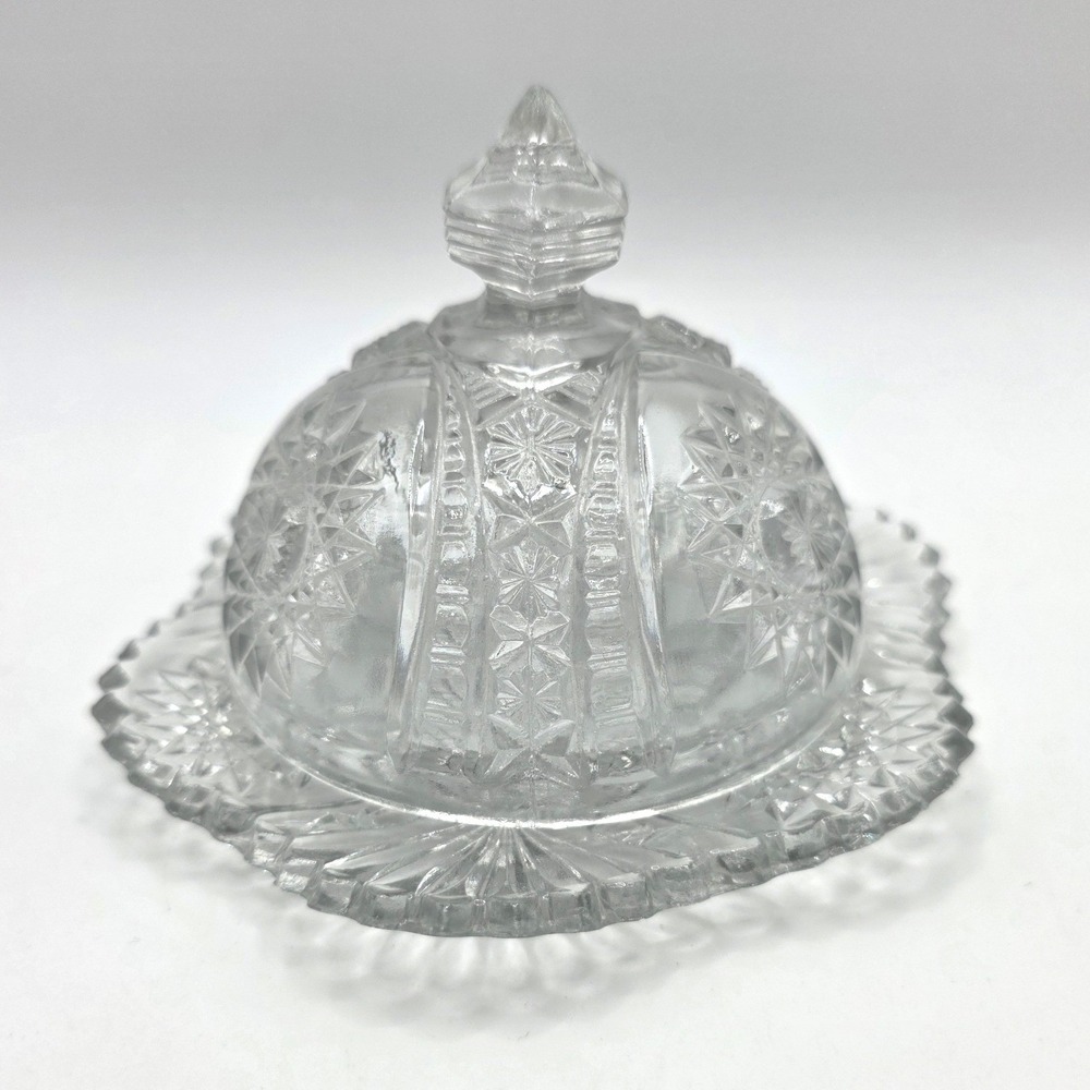 Vintage Clear Pressed Glass Domed Butter Dish Starburst Diamond Pattern 2 Piece